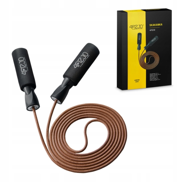 Coarda de sarituri din piele profesionala reglabila, cu manere ergonomice, spuma EVA, manere antiderapante, 280 cm, 4FIZJO, Maro/ Negru