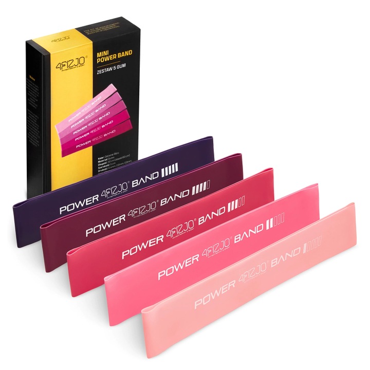 Set 5 mini benzi elastice rezistenta din latex, Pentru Femei si Barbati, 5 Trepte de Dificultate, Antrenament sala, Yoga, Pilates, Multicolor Roz, 4FIZJO
