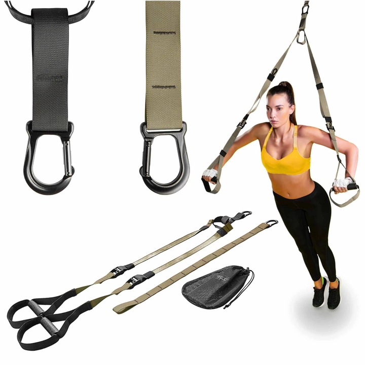 Set sistem suspensie tip TRX, 4FIZJO, pentru fitness, workout, yoga, gimnastica de recuperare, exercitii fizice, aerobic, pilates, camuflaj, Khaki