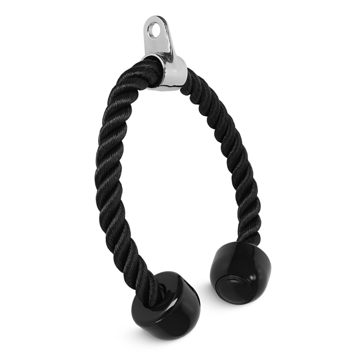 Maner de ridicare pe triceps, 4FIZJO, franghie realizata din tesatura de nailon durabila, se potriveste perfect in mana, maner metalic pivotant, sarcina maxima 200 kg, Nylon, Negru