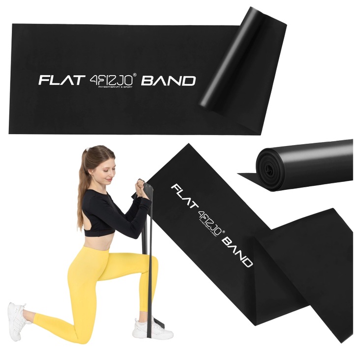 Banda de reabilitare cu rezistenta plata din latex 4FIZJO pentru intindere, fitness, yoga, Pilates, gimnastica de recuperare, reabilitare, fizioterapie, rezistenta medie, 2m, Negru