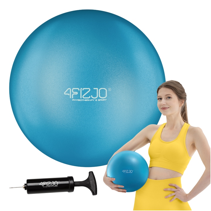 Minge de exercitiu, Pilates yoga + pompa, diametru 22cm, 4FIZJO, PVC, 22 cm, Albastru