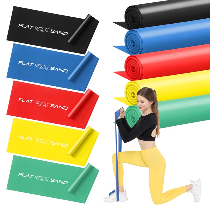 Set de 5 benzi de reabilitare cu rezistenta plata 4FIZJO pentru stretching, fitness, yoga, pilates, gimnastica restaurativa, reabilitare, fizioterapie, 5 tipuri de rezistenta, Multicolor