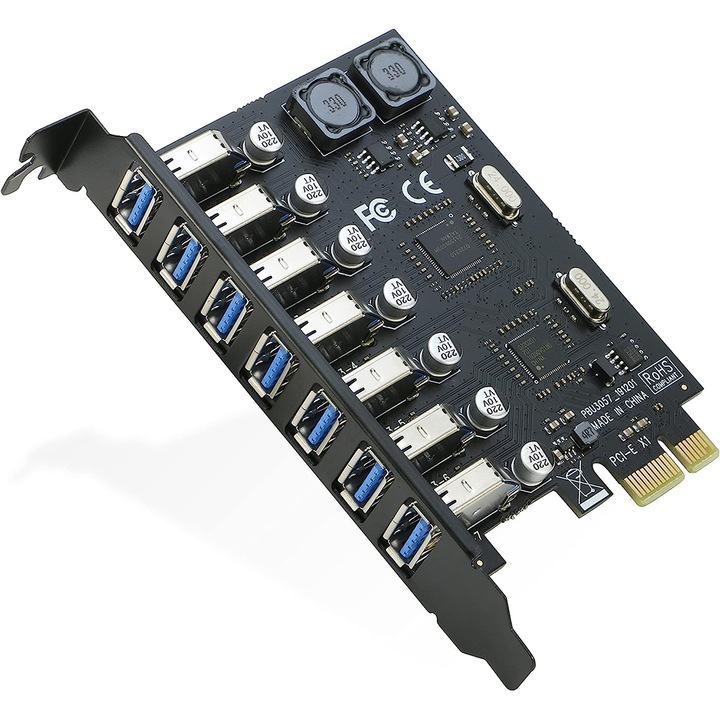 PCI-e към USB 3.0 карта със 7 порта, Jeswo, черен
