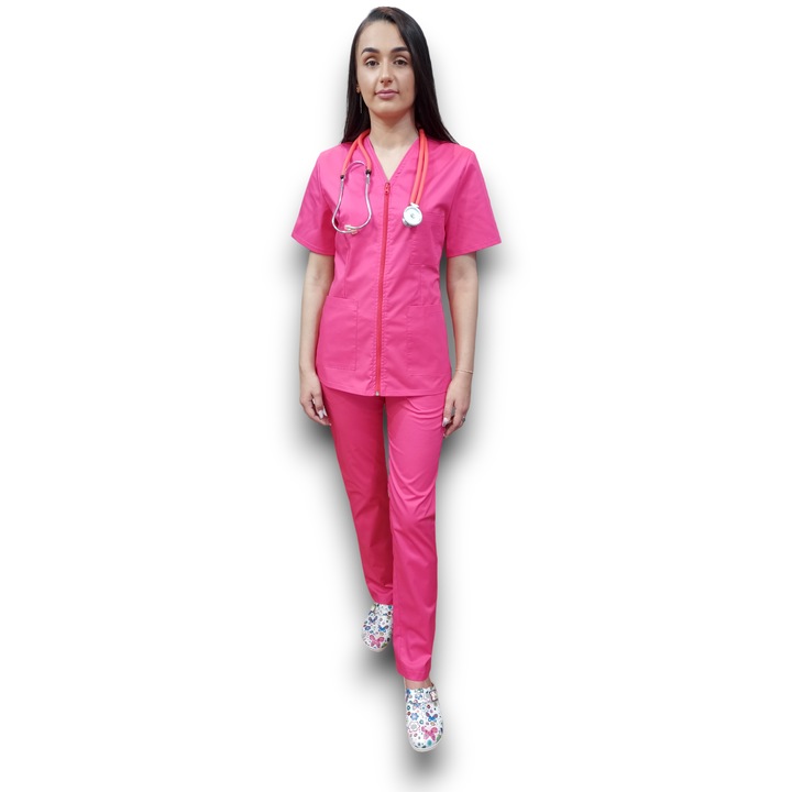 Costum medical ciclam Premium din tercot elastic, Halat cu fermoar, Marimea 38, AMA Medical Scrubs