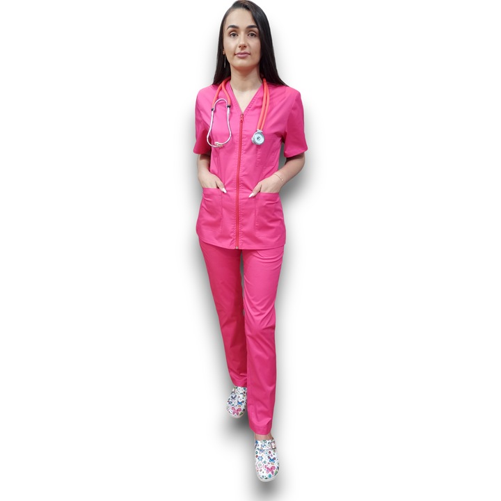 Costum medical ciclam Premium din tercot elastic, Halat cu fermoar, Marimea 44, AMA Medical Scrubs