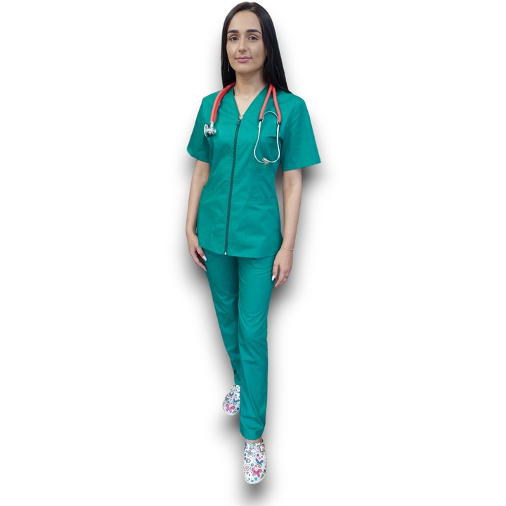 Costum medical verde Premium din tercot elastic, Halat cu fermoar, Marimea 36, AMA Medical Scrubs