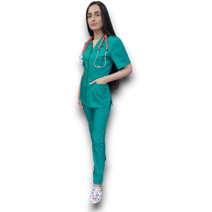 Costum medical verde Premium din tercot elastic, Halat cu fermoar, Marimea 40, AMA Medical Scrubs