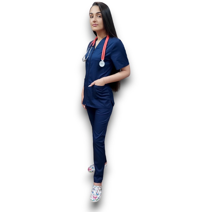 Costum medical bleumarin Premium din tercot elastic, Halat cu fermoar, Marimea 42, AMA Medical Scrubs