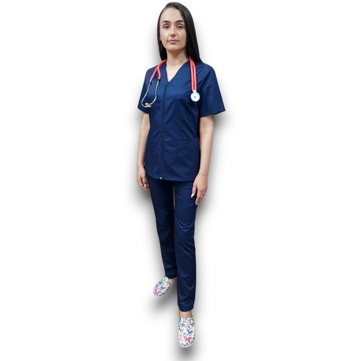 Costum medical bleumarin Premium din tercot elastic, Halat cu fermoar, Marimea 36, AMA Medical Scrubs