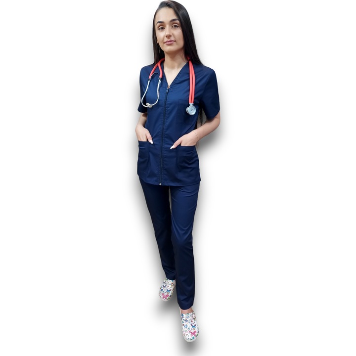 Costum medical bleumarin Premium din tercot elastic, Halat cu fermoar, Marimea 40, AMA Medical Scrubs