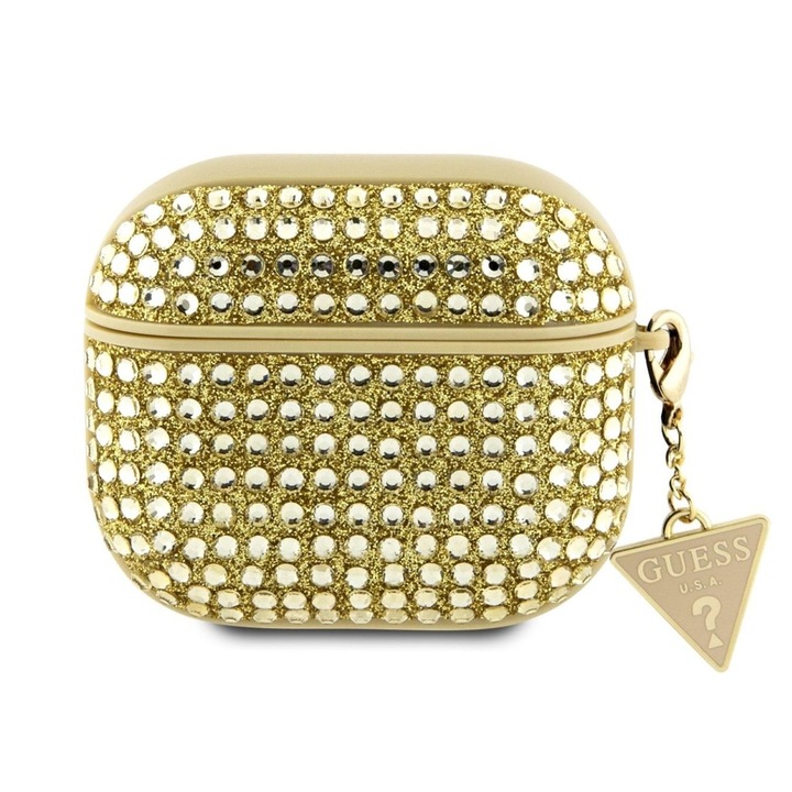 Carcasa Guess GUA3HDGTPD Rhinestones Triangle Metal Logo compatibila cu Apple AirPods 3 Auriu