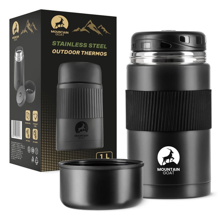 Termos pentru mancare calda, 1000 ml, Mountain Goat, deschidere larga, leakproof, Otel inoxidabil, Calitate Premium, Dimensiune: 20 x 11 cm, Negru