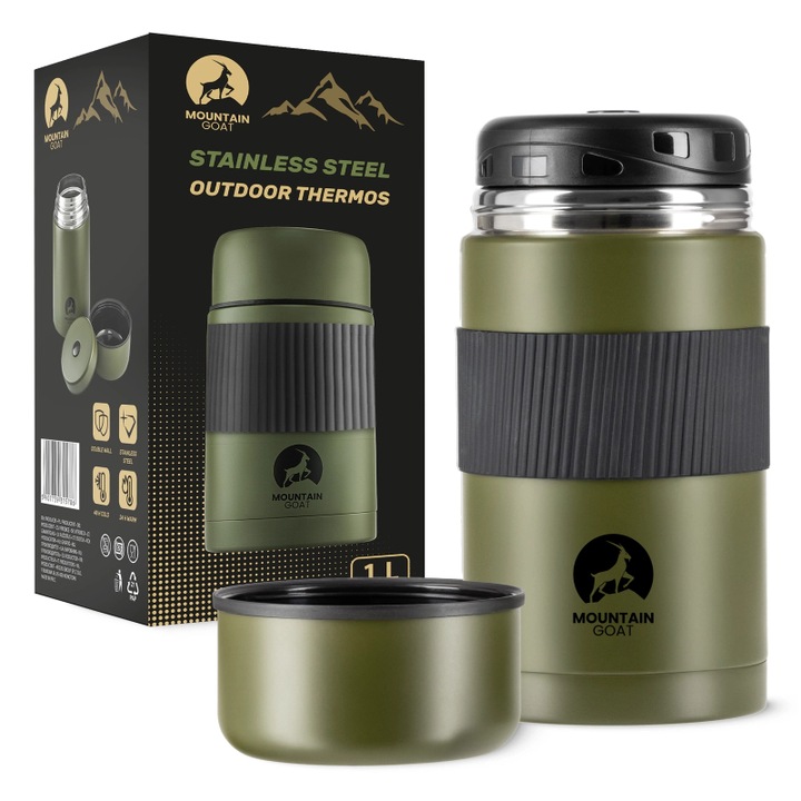 Termosz tálfedéllel, Mountain Goat, rozsdamentes acél, 1 L, dupla védelem a kiömlés ellen, 12 órán keresztül tartja melegen vagy hidegen az italokat, 640 g, Zöld