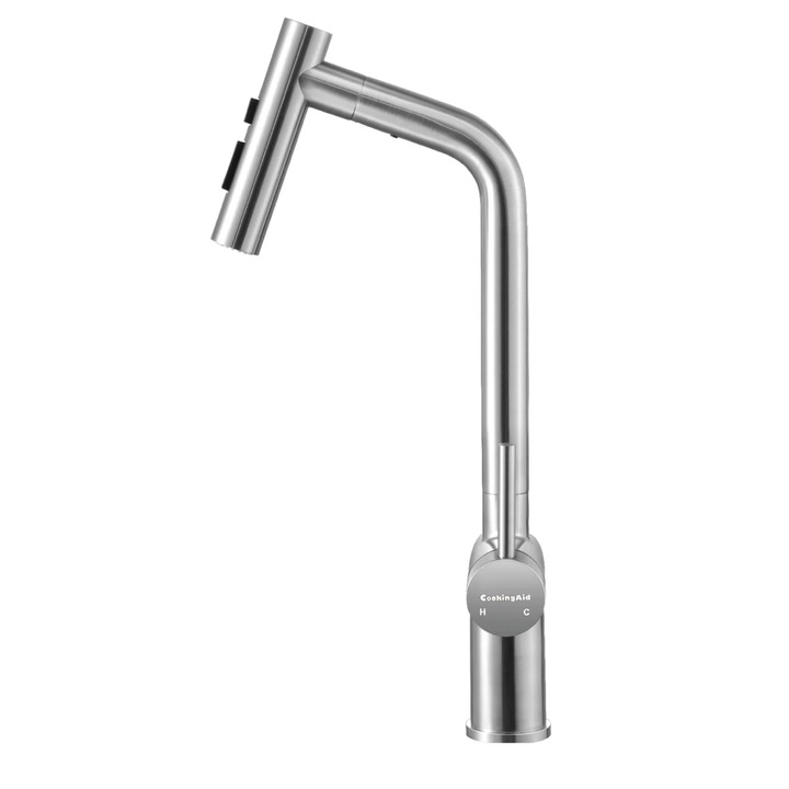 CookingAid Ferrara Acél csaptelep kihúzható zuhanycsővel és zuhany/fúvóka váltógombbal, szálcsiszolt rozsdamentes acél, 425mm x 210mm