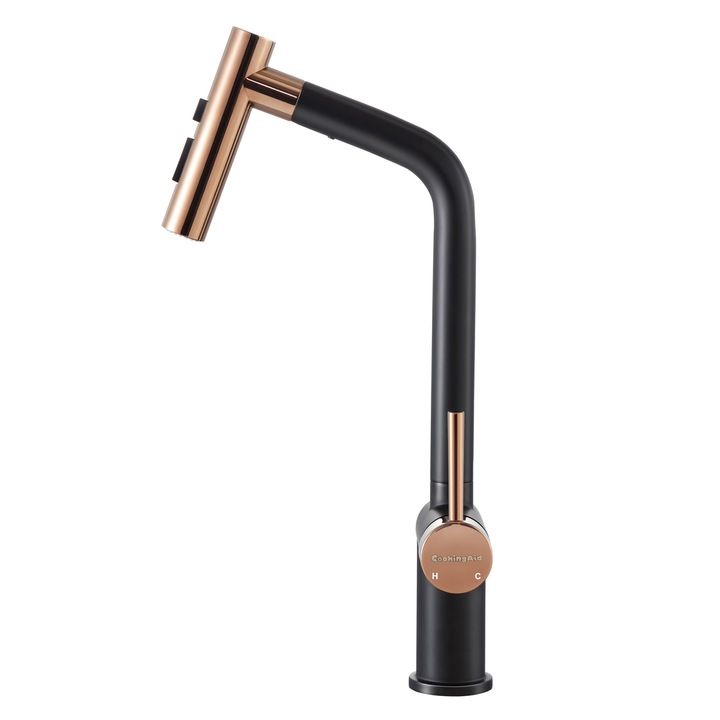 CookingAid Ferrara Black/Golden Rose csaptelep kihúzható zuhany tömlővel és zuhany/fúvóka váltó gombbal, fekete színű rozéarany színben, 425mm x 210mm