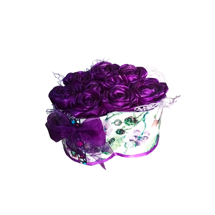 Aranjament flori de satin, realizat manual, 9 trandafiri, 20x18 cm, mov