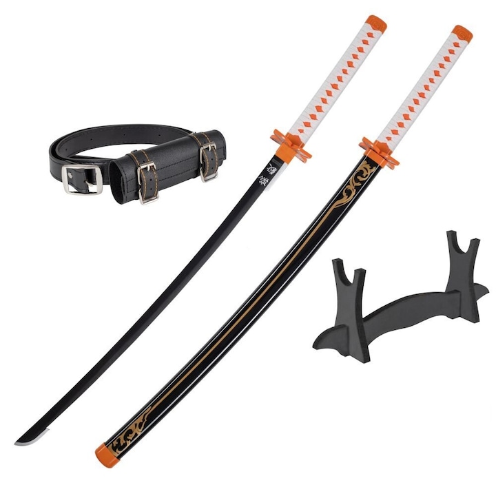 Sabie Katana Demon Slayer cu Teaca, cu Suport, cu Centura, Decorativa, din Lemn, JT10658BK