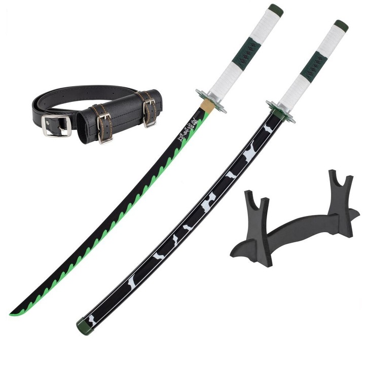 Sabie Katana Demon Slayer cu Teaca, cu Suport, cu Centura, Decorativa, din Lemn, JT10657
