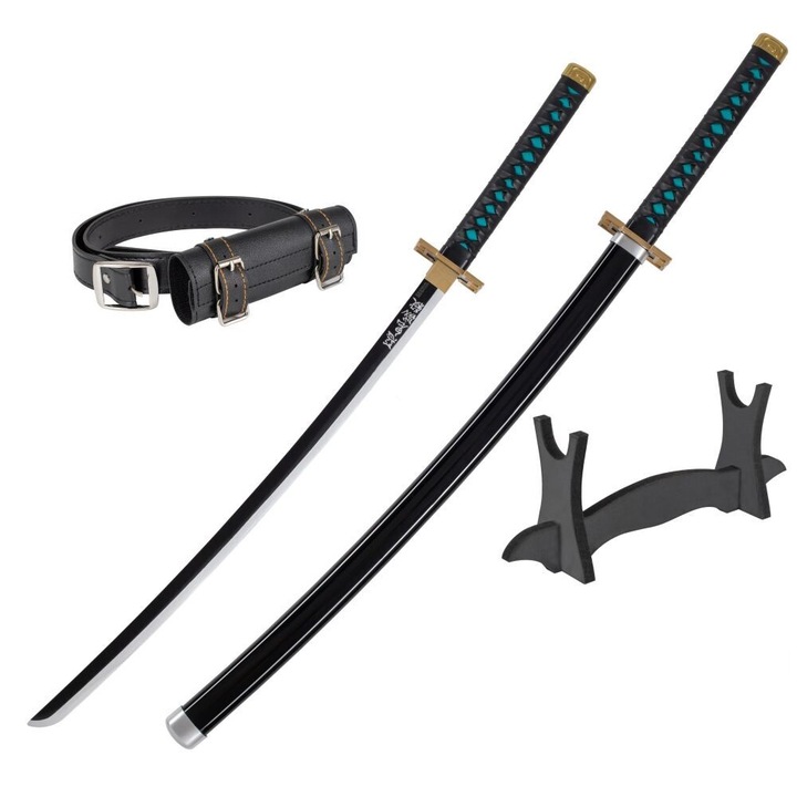 Sabie Katana Demon Slayer cu Teaca, cu Suport, cu Cureaua, Decorativa, din Lemn, JT10655