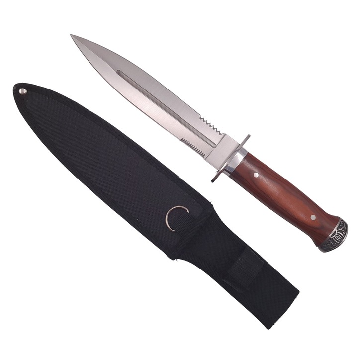 Cutit de vanatoare Depox, Spanish Inquisition, tais dublu, otel inoxidabil, maro, 28.5 cm, teaca inclusa