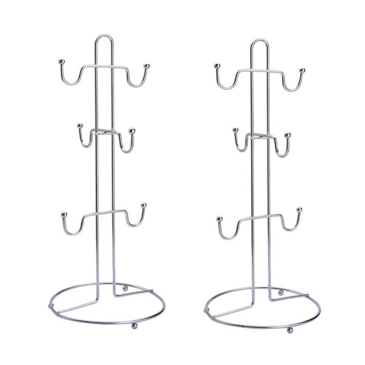 Set 2 buc, Suport pentru cani si cesti, din metal, 6 locuri, 15x34cm, argintiu