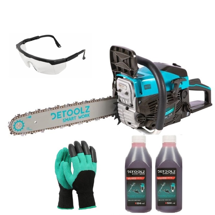 Drujba pe benzina, Detoolz EURO 5, 49cc, 2.58Cp, 8500 rpm, 11 accesorii, 7.6kg, Consum redus