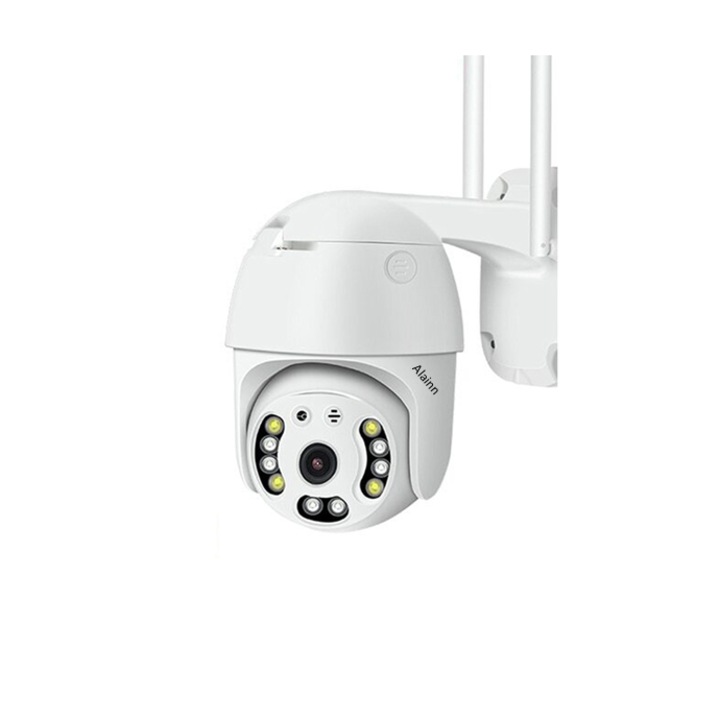 Camera de Supraveghere WIFI Alainn ®, 3MP, de Exterior sau Interior, Full HD 2K, 4X Zoom, Rotire din Aplicatie, Leduri Lumina, Comunicare Bidirectionala, Senzor Miscare Alb