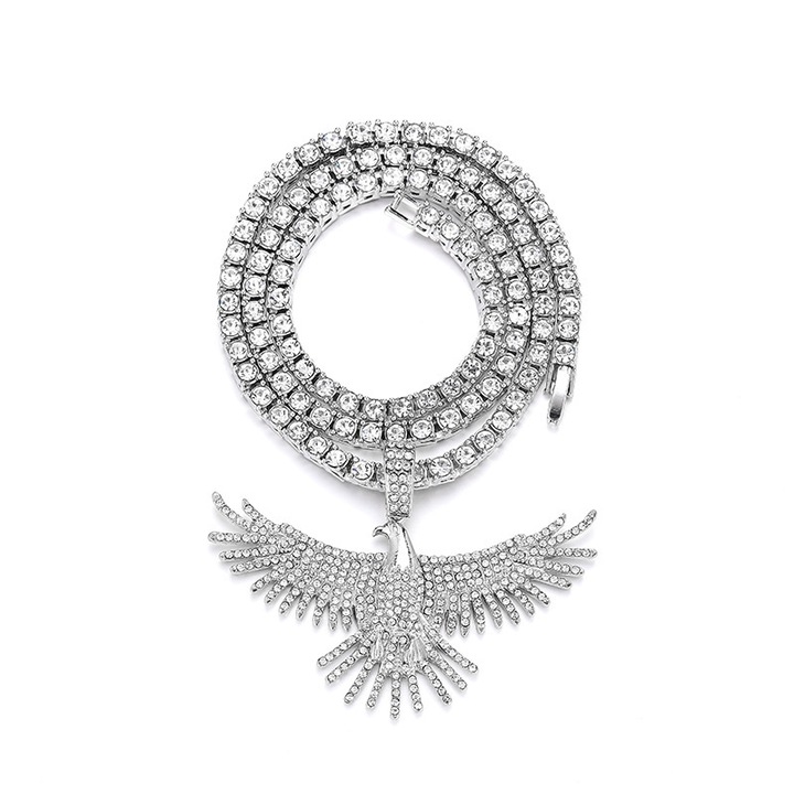 Colier Tennis cu pandantiv Hip Hop in forma de vultur cu aripi deschise, pietre zirconiu, placat cu aur 18K, Tessero, 45 cm, argintiu