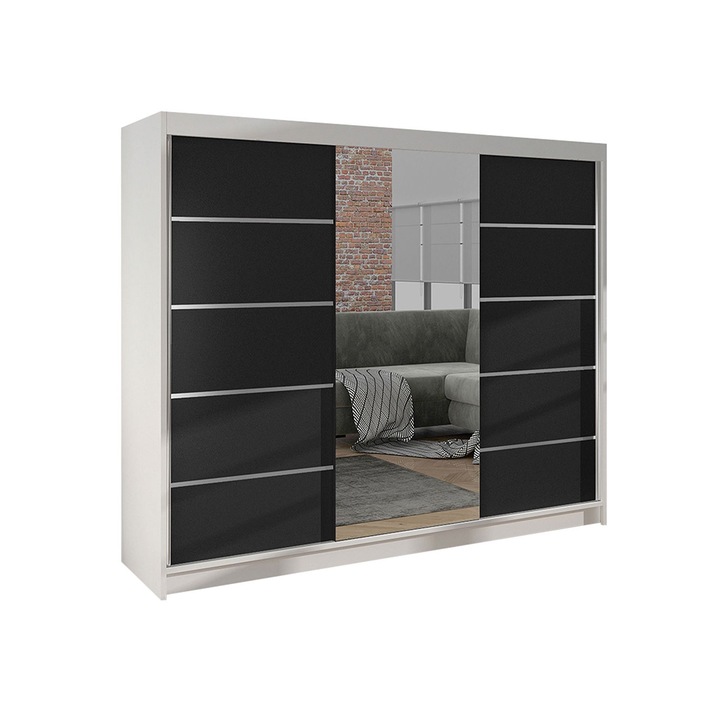Dulap Genewa VI cu oglinda, MIRJAN24, alb / negru, 200x58x215 cm