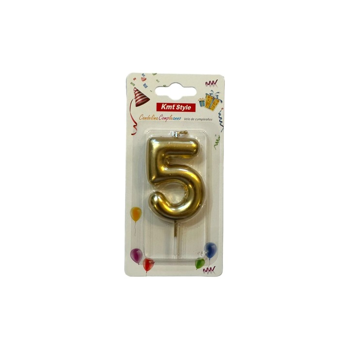 Lumanare aurie pentru tort, cifra 5, dimensiuni 6.5x3.5x1.5cm