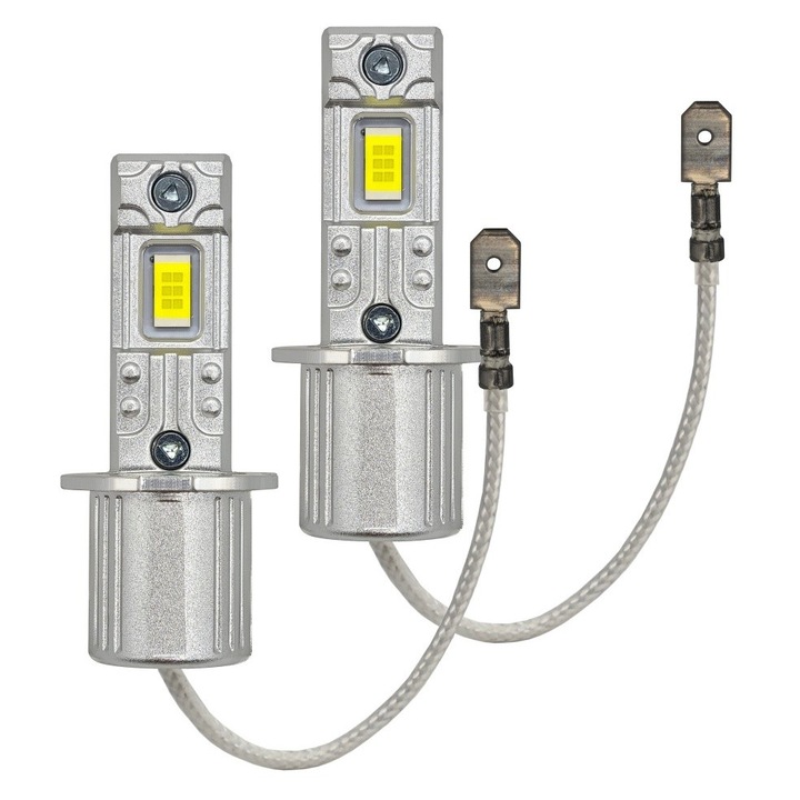 Bec LED auto, motoLEDy, set 2 bucati, tip H3, 12V-24V, cu functie CANBUS, flux luminos 4500 lumeni, culoare Alb Xenon 5500K, unghi fascicul 360 grade, pentru faza scurta, faza lunga, lumini de zi DRL si proiectoare ceata, durata de viata 50.000 ore