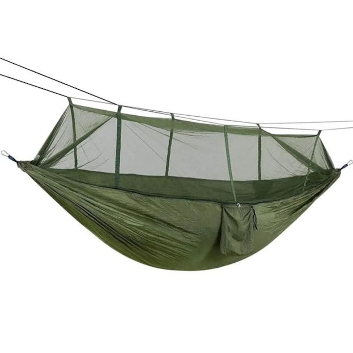 Найлонов туристически хамак с мрежа против комари, зелен цвят, размери 260 см х 140 см