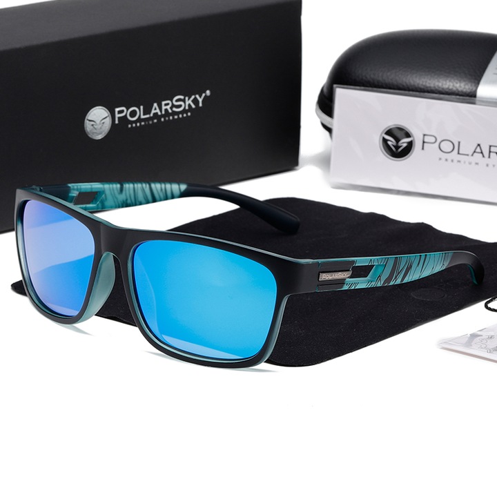 Ochelari de soare POLARSKY PS-2401, Dreptunghiular, Policarbonat, Lentila polarizata albastra, UV 400, Marime universala