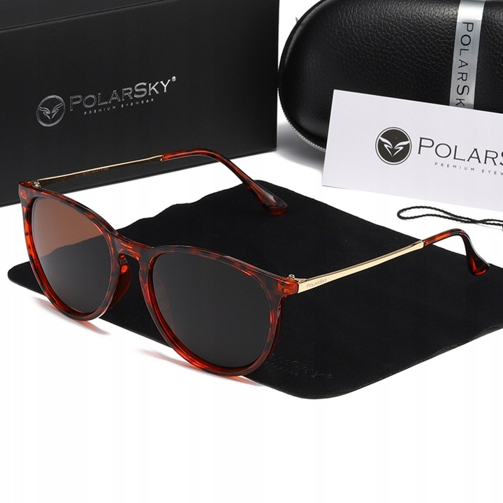 Ochelari de soare femei PolarSky PS-8717, cat-eye, polarizati, maro, husa inclusa