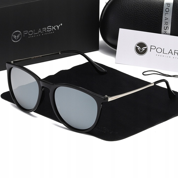 Ochelari de soare PolarSky PS-8717, cat-eye, polarizati, argintiu/negru, husa inclusa