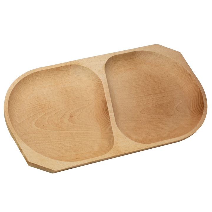 Platou de servire cu 2 compartimente, OnemisFlot, lemn fag, rustic, 43 x 22 cm