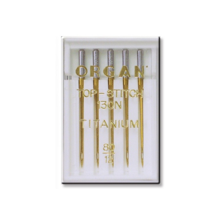 5 db-os tű szett foltvarráshoz, hímzéshez Organ Top Stitch Titanium háztartási varrógépekhez, 80-as tűfinomsággal
