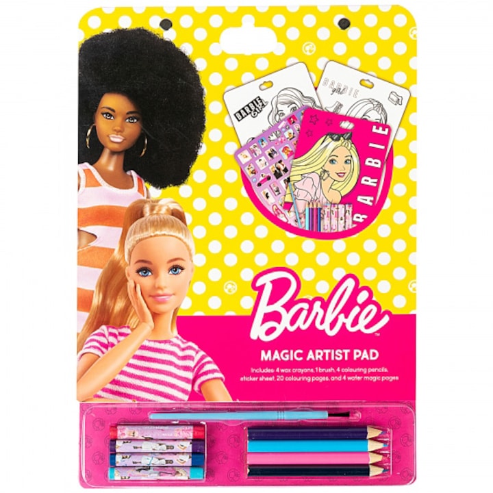 Set magic de activitati Barbie (contine 20 foi de colorat, 4 foi magice de colorat, abtibilduri, 4 creioane cerate, 4 creioane color, o pensula)