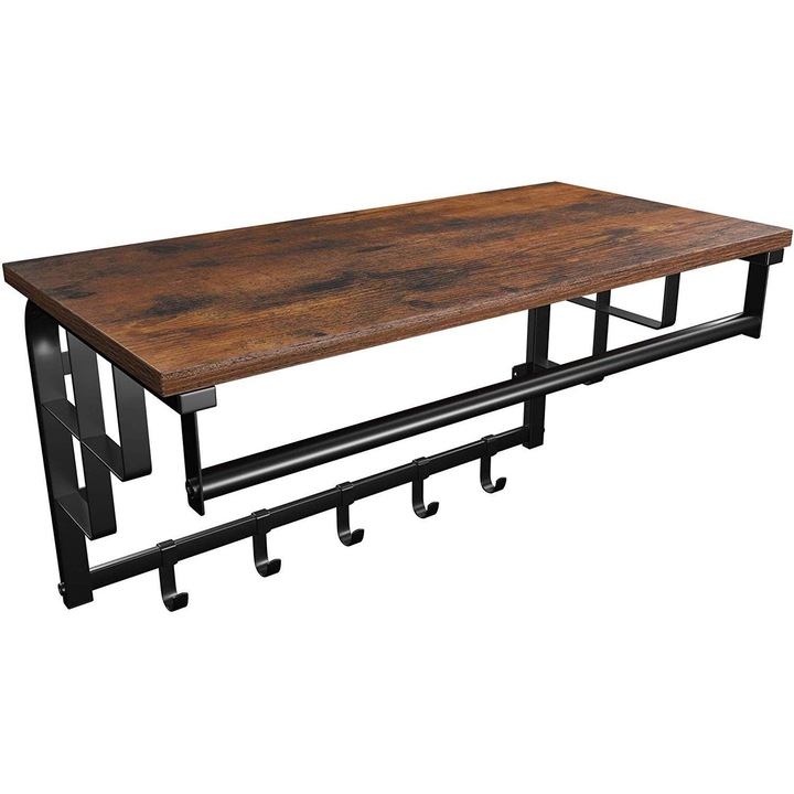 Cuier de perete cu raft, design vintage, 66,5 x 30 x 32,5 cm, lemn/ metal, maro/negru