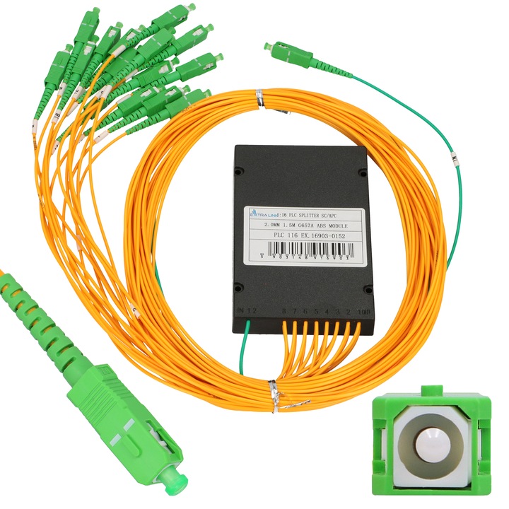 Splitter Extralink 1:16 PLC 2,0mm 1,5m G657A modul ABS SC/APC pentru fibra optica monomodala distributie semnal FTTH pierderi reduse performanta stabila instalare usoara in retele profesionale