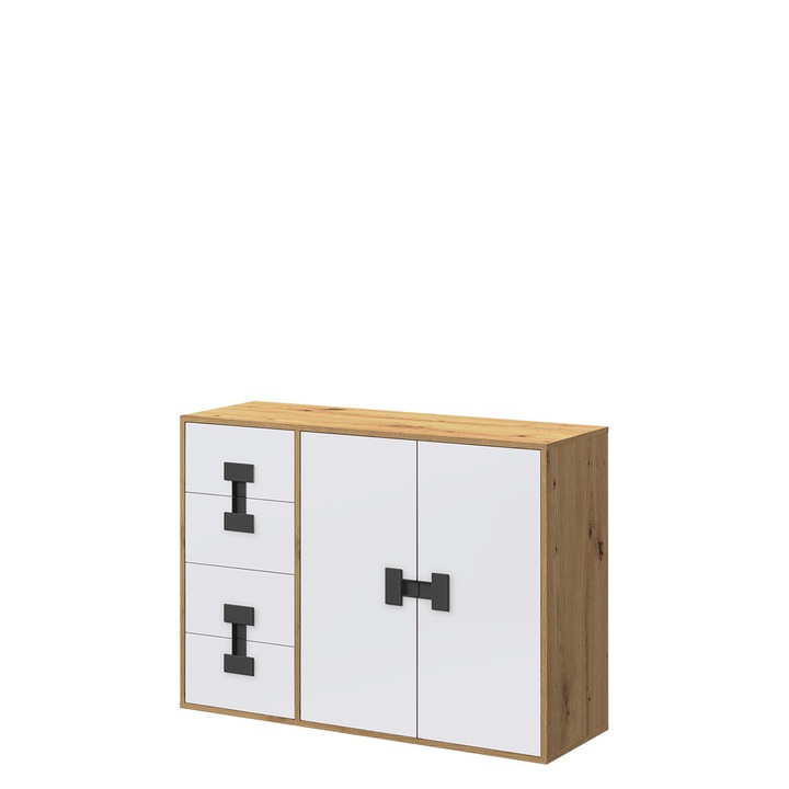 Comoda Tikrote TE08, MIRJAN24, alb / stejar artisan, 117x86x40 cm