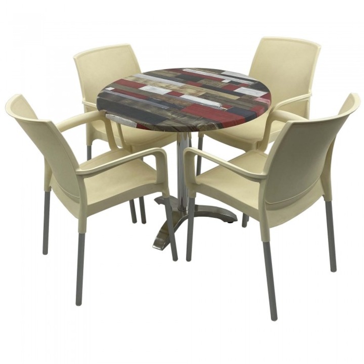 Set bistro de exterior, masa rotunda 80cm Raki Redden Wood blat werzalit si picior aluminiu,4 scaune SUNSET crem