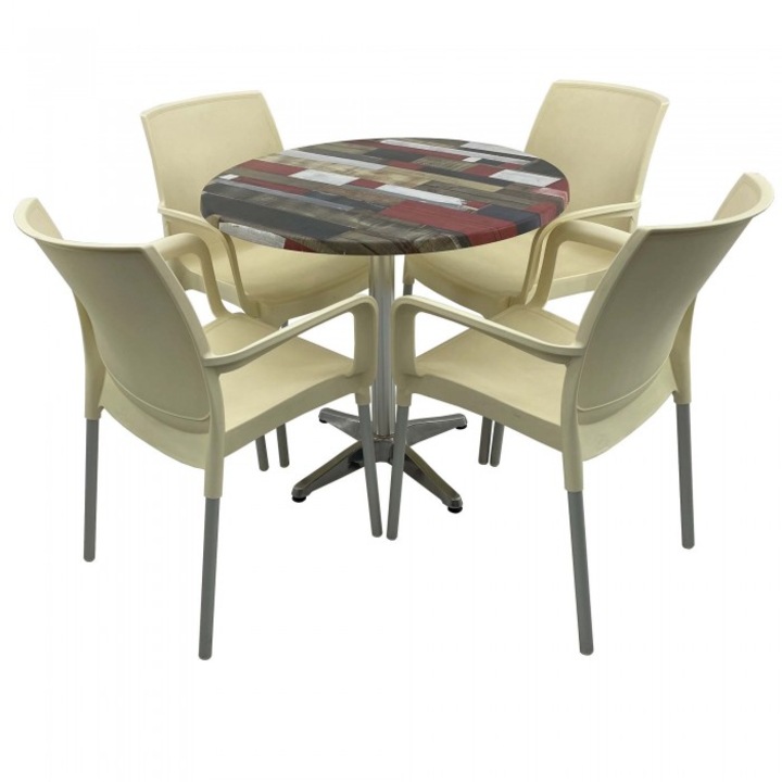 Set bistro de exterior, masa rotunda 80cm Raki Redden Wood blat werzalit si baza aluminiu,4 scaune SUNSET crem