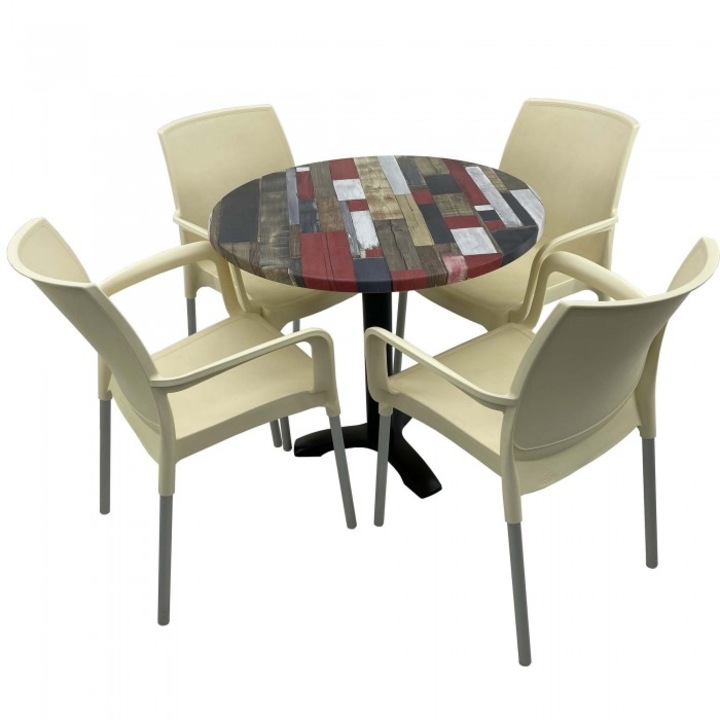 Set bistro de exterior, masa rotunda 80cm Raki Redden Wood blat werzalit si picior metalic culoare negru,4 scaune SUNSET crem