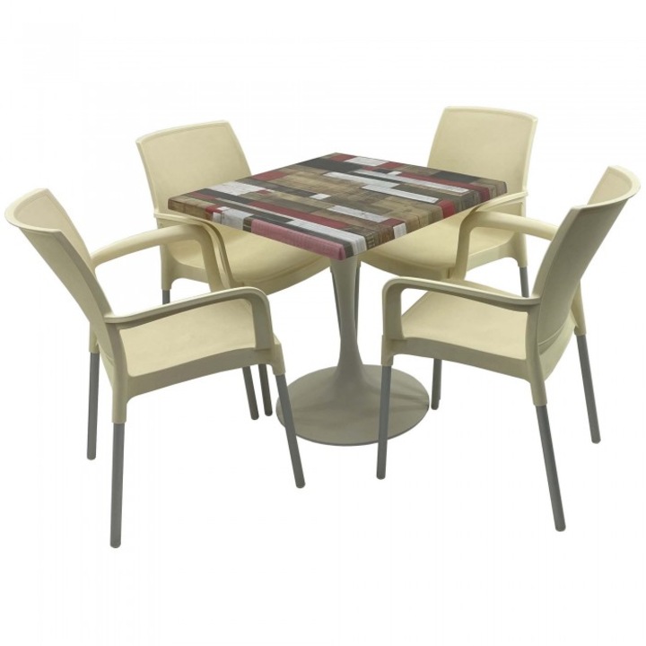 Set bistro de exterior, masa patrata 80x80cm Raki Redden Wood blat werzali si baza metalica alba,4 scaune SUNSET crem