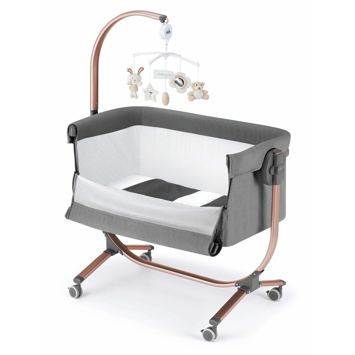 Patut, Cullami, co-sleeper 2 in 1, Cu laterala culisanta, Cu setare unghiulara, Cu roti, Reglabil in 8 pozitii pe inaltime, RoseGold