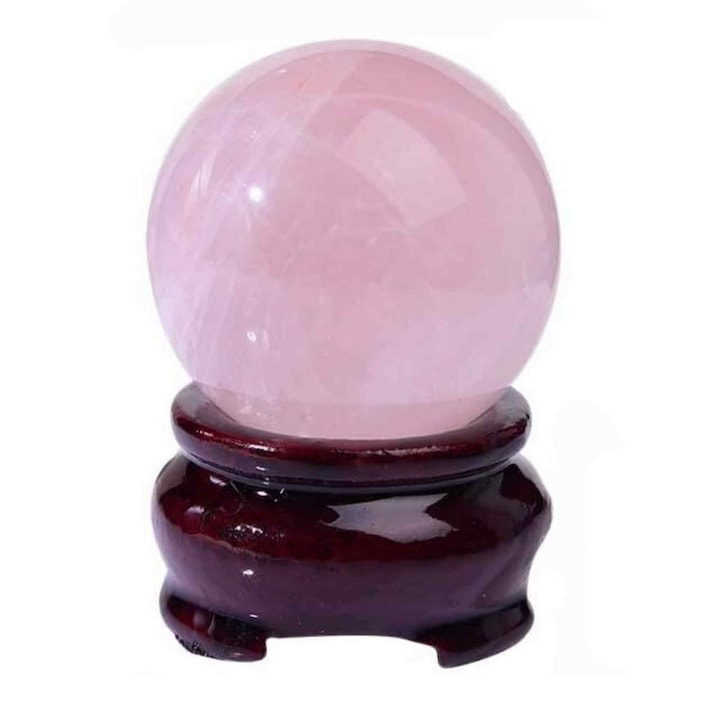 Sfera din Cuart Roz 30 mm, minge de cristal decorativa, cu suport de lemn - Pentru decor, meditatie, vindecare