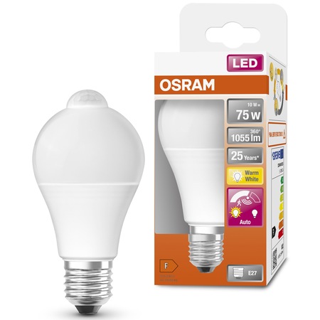 Bec LED Osram Star+ A75, cu senzor de miscare, E27, 10W (75W), 1055 lm, lumina calda (2700K), clasa energetica F