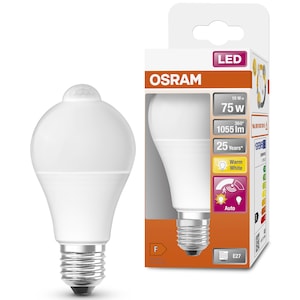 Bec LED Osram Star+ A75, cu senzor de miscare, E27, 10W (75W), 1055 lm, lumina calda (2700K), clasa energetica F
